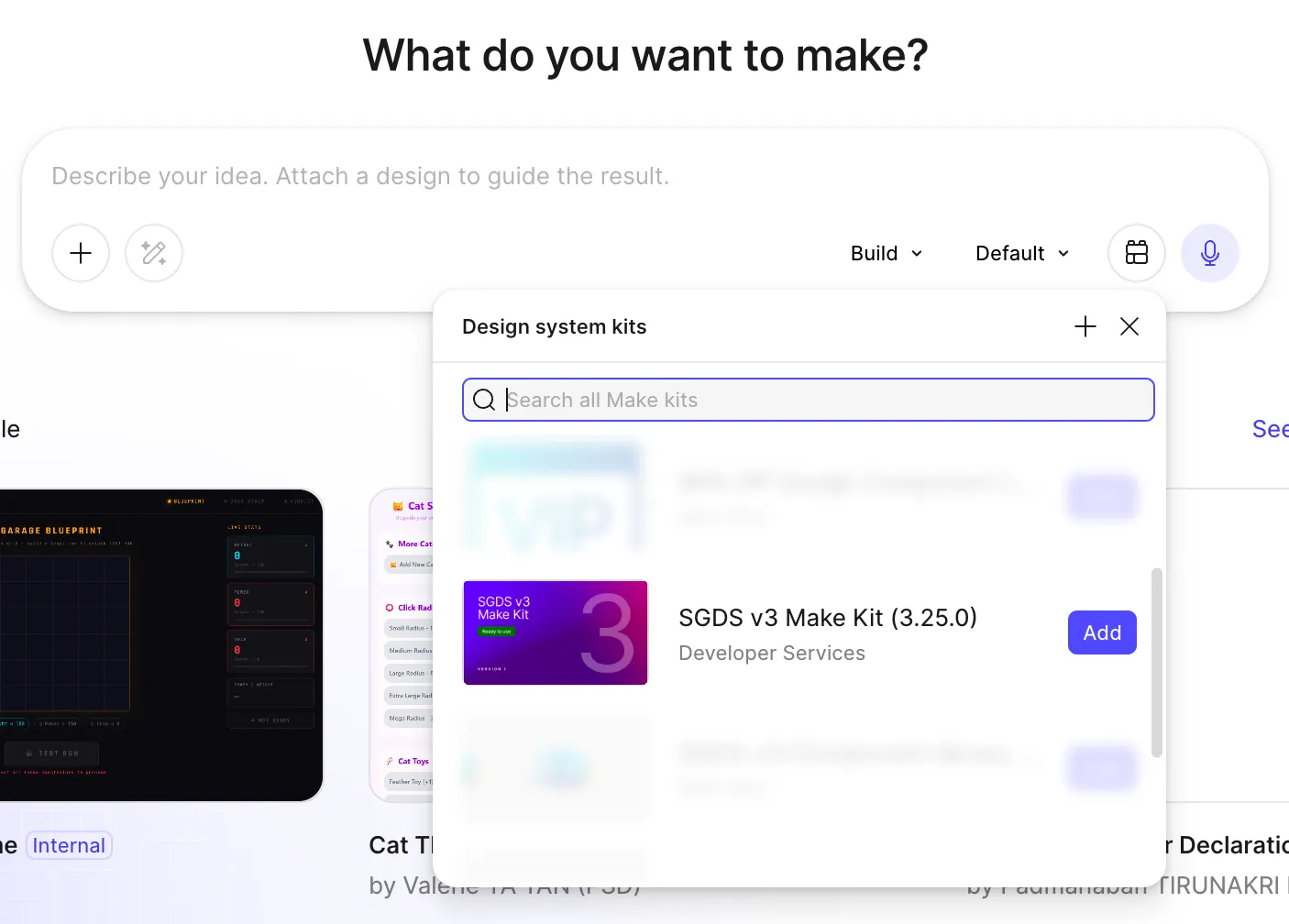 Figma Make Design system kits modal showing SGDS v3 Make Kit with an Add button.