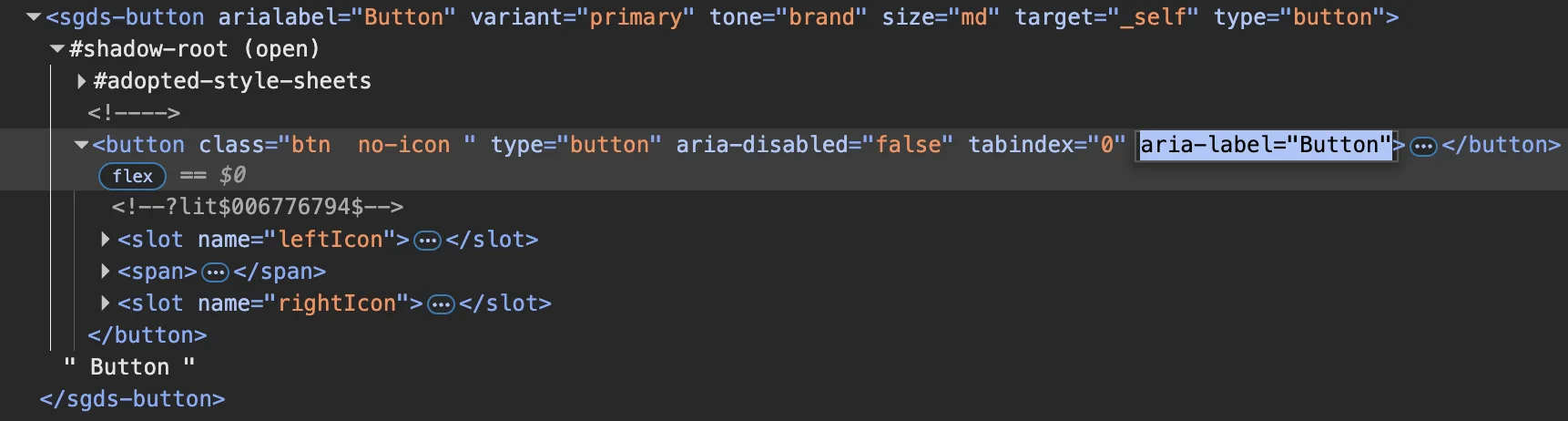 Browser DevTools showing the aria-label attribute on the HTML button element inside the shadow DOM, forwarded from the ariaLabel prop