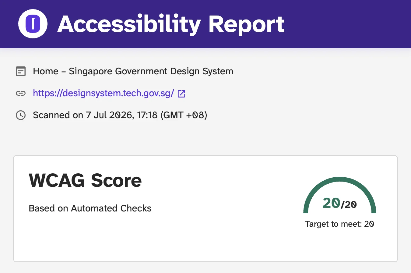 Oobee accessibility report for designsystem.tech.gov.sg showing a perfect WCAG score of 20 out of 20 based on automated checks